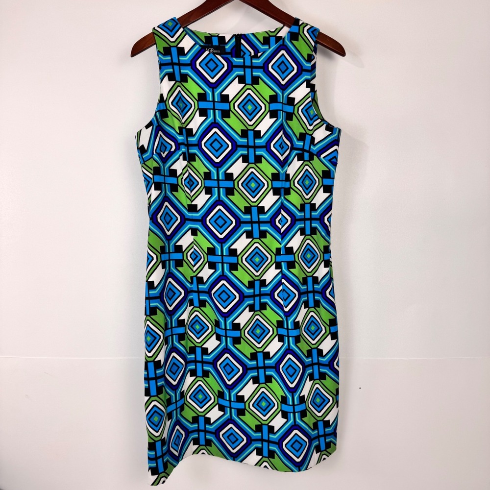 AGB Dress Geometric Shift Dress Womens 14 Blue Green Sleeveless Mod Print